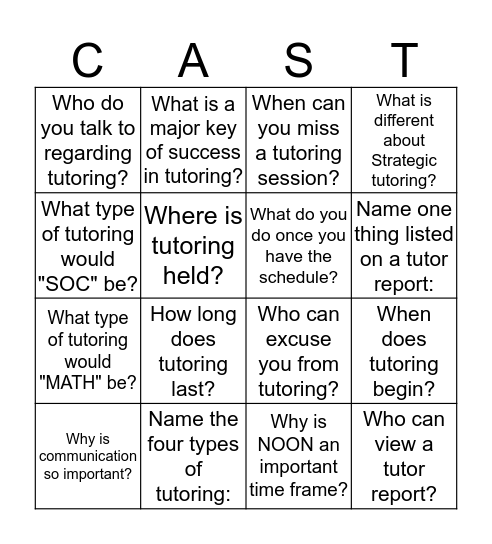 Cavalier Academic Support Team Bingo Card