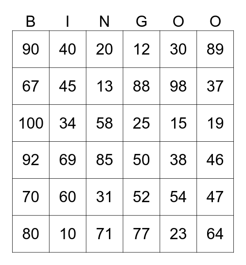 Números (0-100) Bingo Card