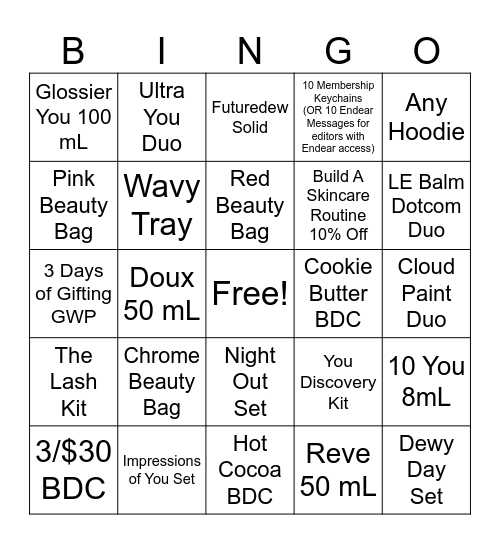 Glossier Seattle Holiday Bingo 15th-17th Bingo Card