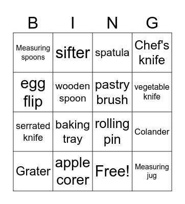 Cooking Utensils Bingo Card