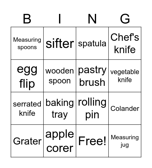 Cooking Utensils Bingo Card