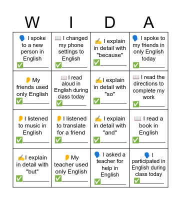 WIDA Access: November Bingo Card