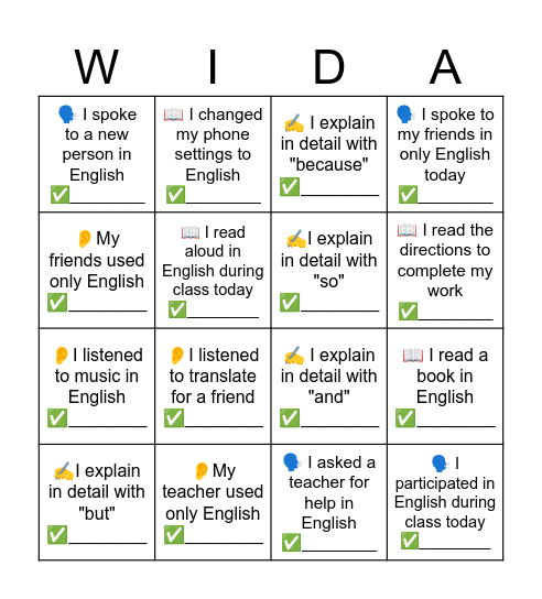 WIDA Access: November Bingo Card