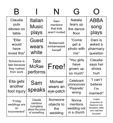 Claudia’s Wedding Bingo Card
