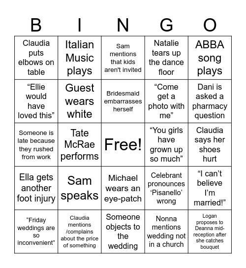 Claudia’s Wedding Bingo Card