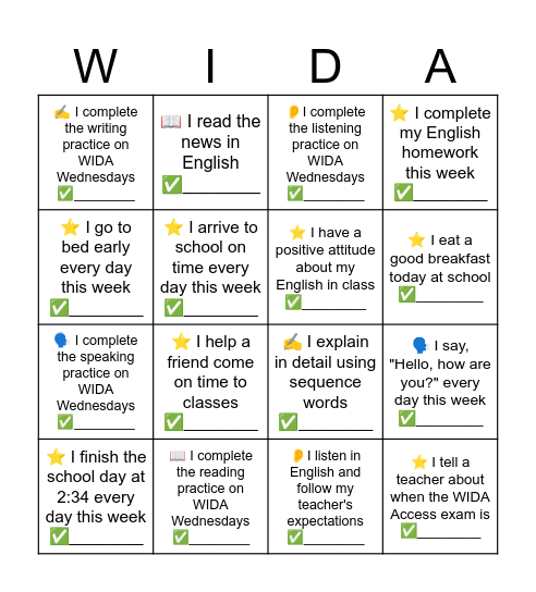 WIDA Access Bingo: November Bingo Card