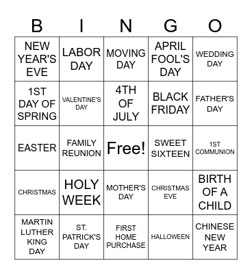 Holidays/Special Dates Bingo Card