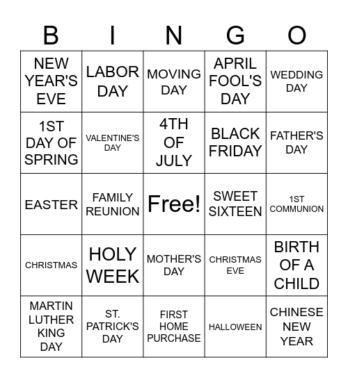 Holidays/Special Dates Bingo Card