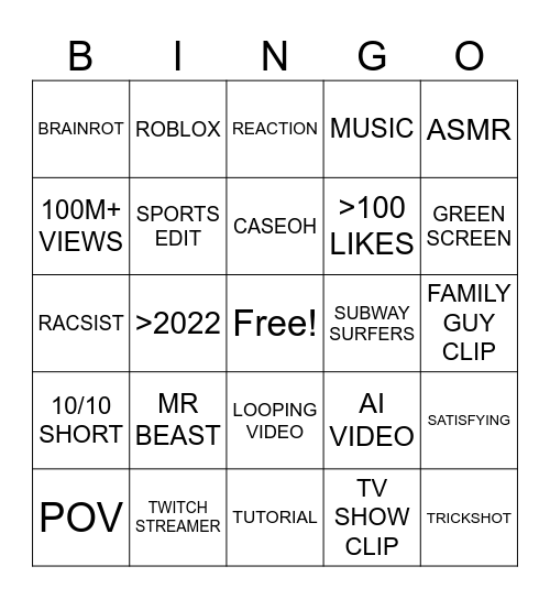 YT SHORTS BINGO Card