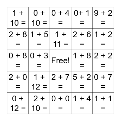 Addition Bingo 1 Bingo Card