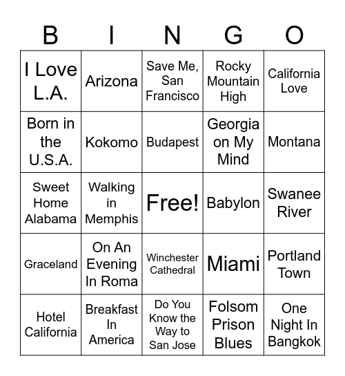 SXE BINGO: Places Bingo Card