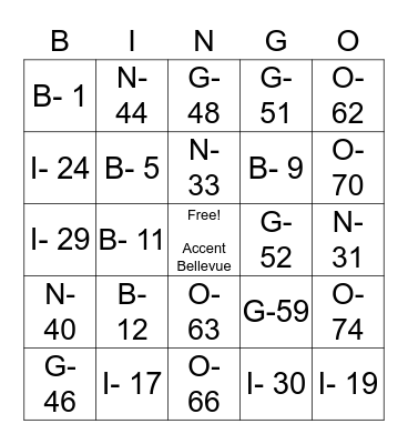 Drive-By Bingo with Accent Bellevue! Bingo Card