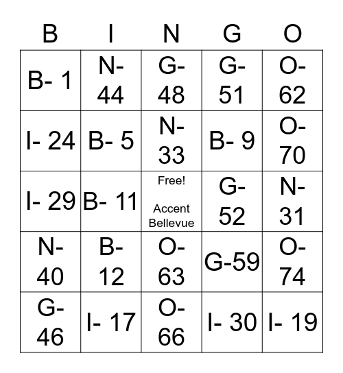 Drive-By Bingo with Accent Bellevue! Bingo Card