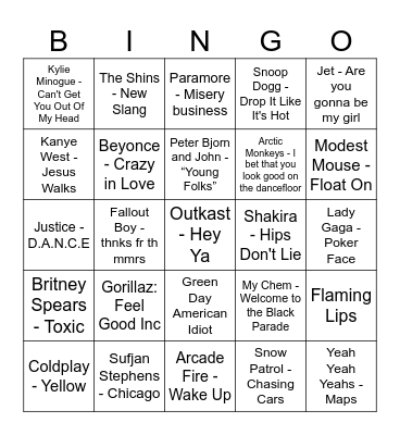 Fiona's 00s Music Bingo Card