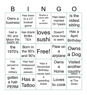 Family Reunion Bingo Card