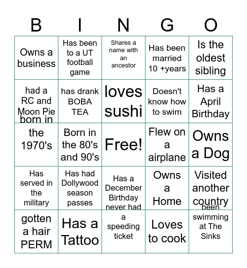 Family Reunion Bingo Card