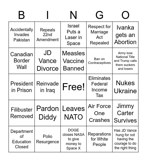 Trump Admin Bingo Card