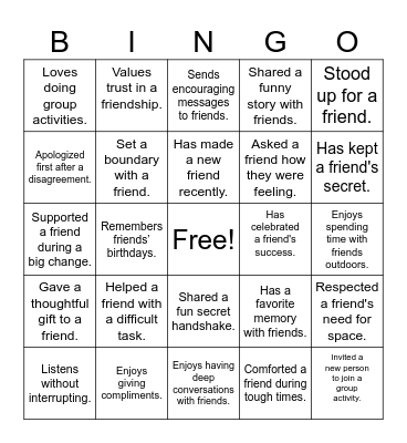 Friendship Bingo Card