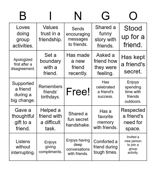 Friendship Bingo Card