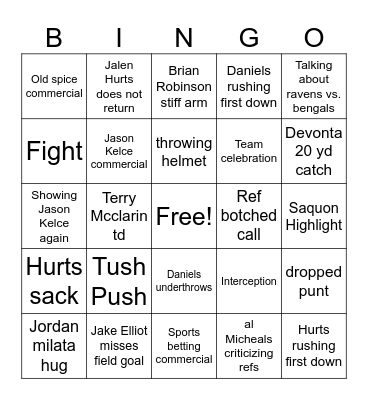 Thursday Night Football Bingo Card