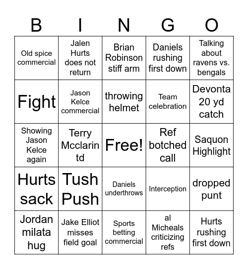 Thursday Night Football Bingo Card