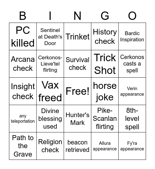 A Raven In The Hand Is Worth Two In The Malleus Key [Critical Role 3.114] Bingo Card