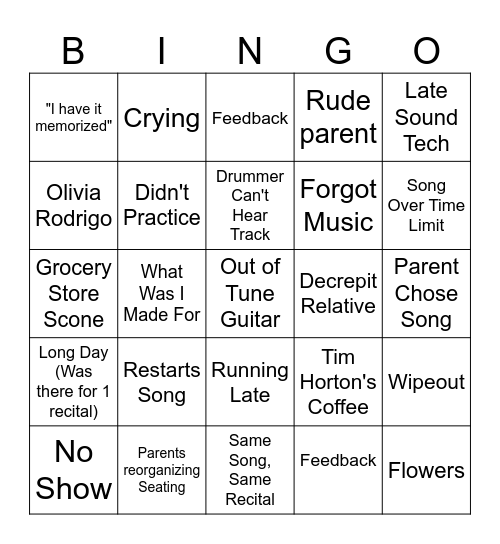 RECITAL BINGO! Bingo Card