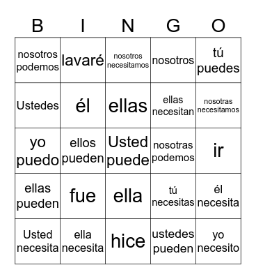 CAN,NEED & Misc Verbs Bingo Card