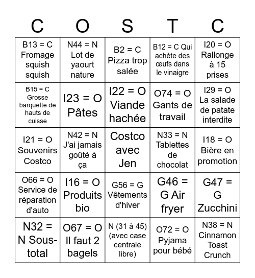 Bingo Cotsco Bingo Card