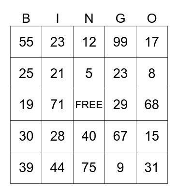 Number Bingo Card