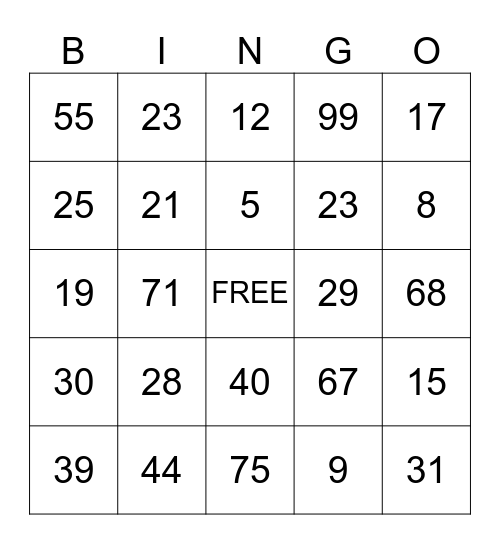 Number Bingo Card