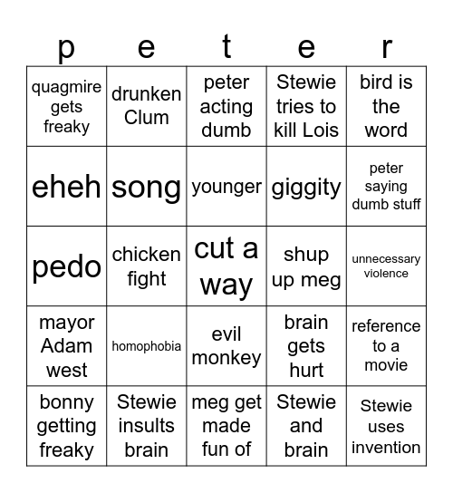 Family Guy Bingo Card