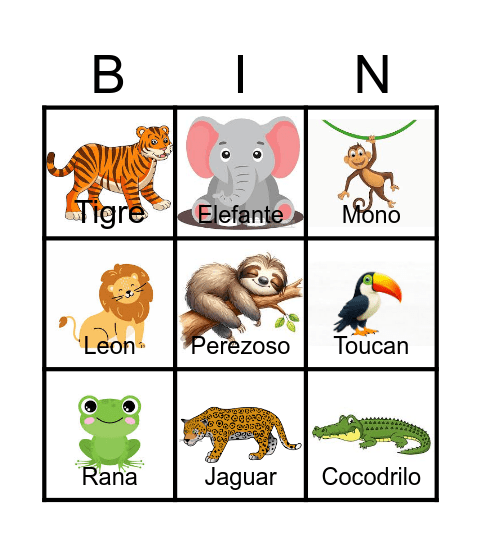 Animales de la Selva Bingo Card