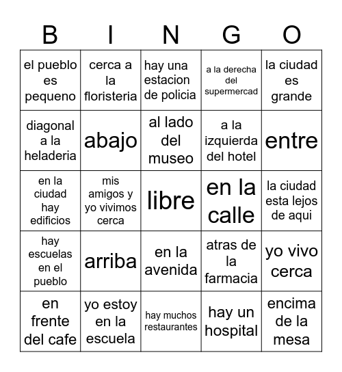 las preposiciones de lugar Bingo Card