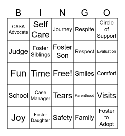 Foster Shower Bingo Card