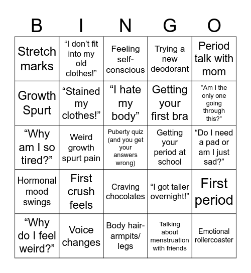 Puberty Bingo Card