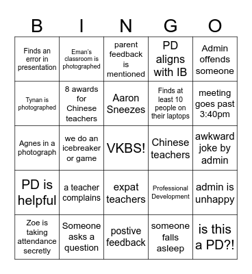 Staff Meeting Bingo Card