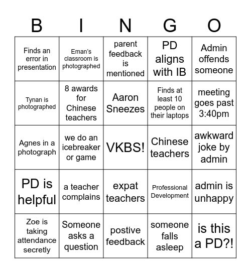 Staff Meeting Bingo Card