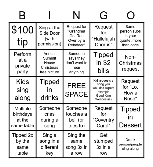 Caroler Bingo Card