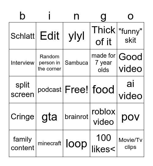 yt shorts bingo Card