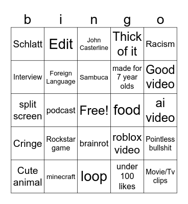 yt shorts bingo Card