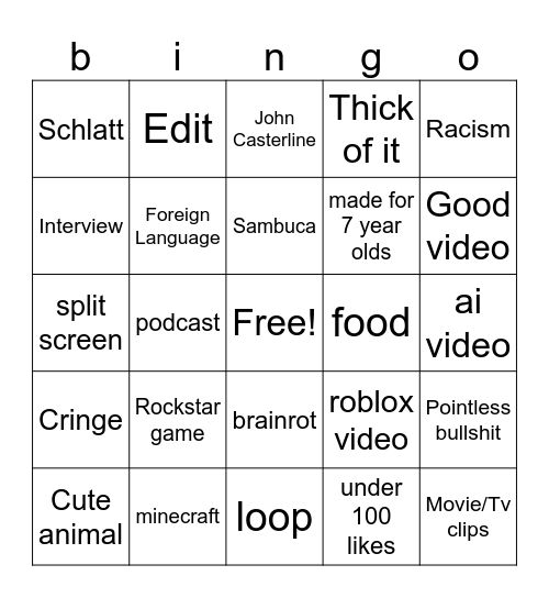 yt shorts bingo Card