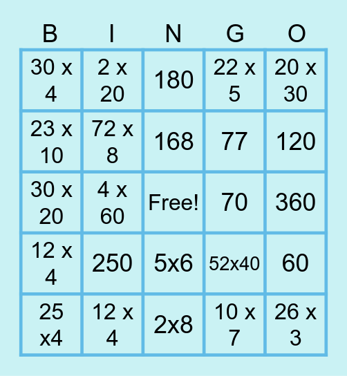 Multiplication Bingo Card