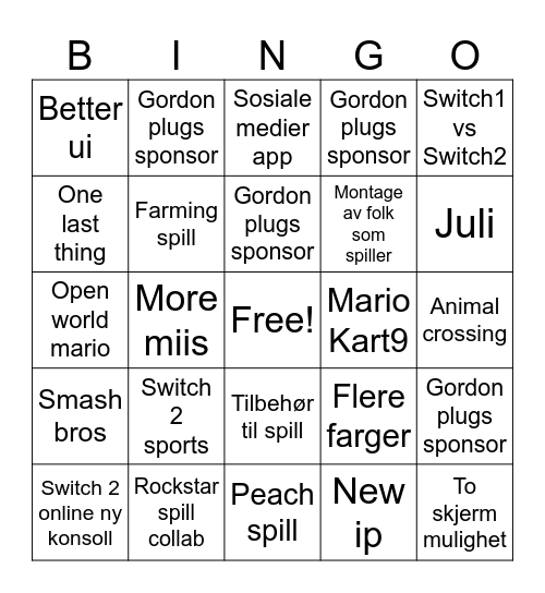Nintendo direct Bingo Card