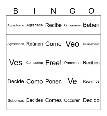 -ER/IR Verbs Bingo Card