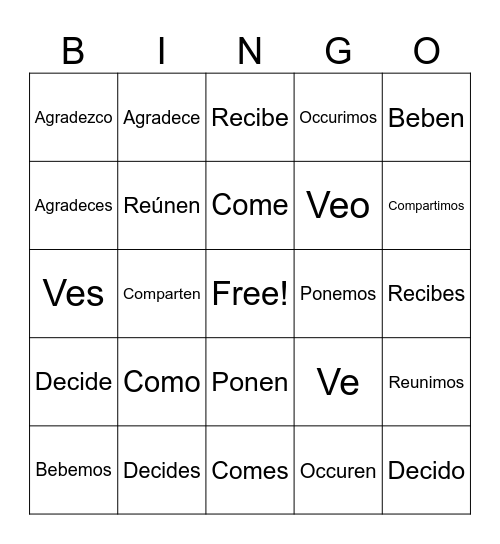 -ER/IR Verbs Bingo Card