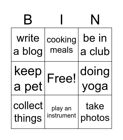 HOBBIES Bingo Card