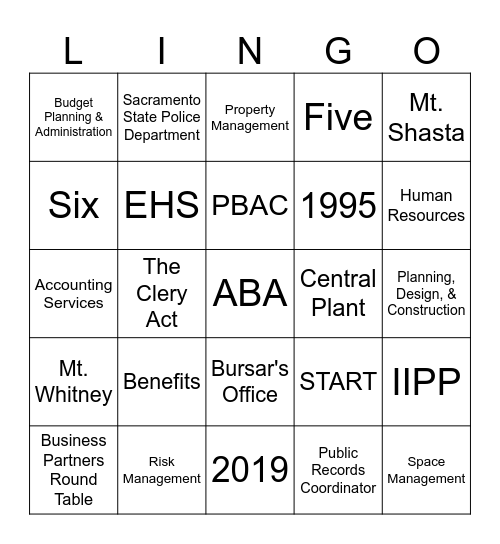 ABA LINGO Bingo Card