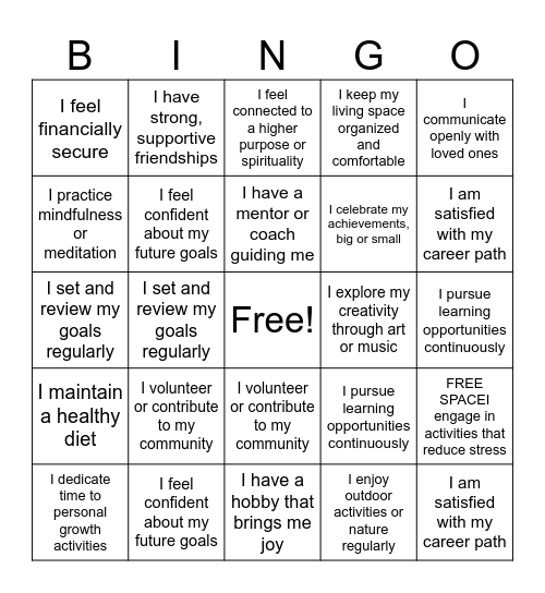 Wheel Of Life Bingo Card