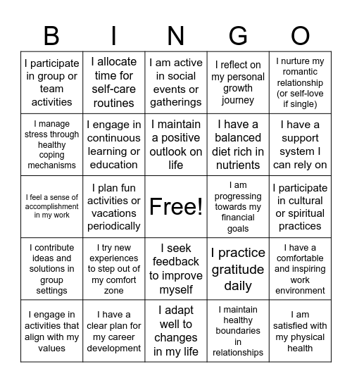 Wheel Of Life 2 Bingo Card